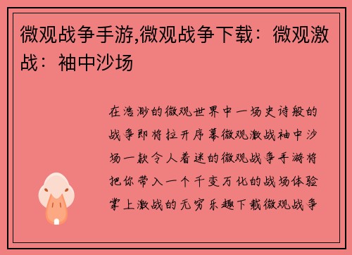微观战争手游,微观战争下载：微观激战：袖中沙场